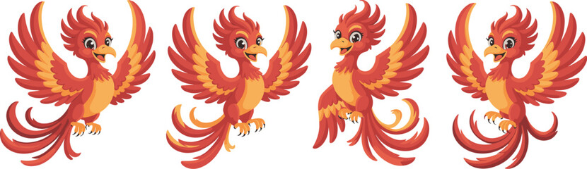 Whimsical Phoenix Characters Soaring with Vibrant Plumage,Mythical Birds in Flight with Fantasy Charm,Illustrative Designs,Animated Style,Colorful Graphic,Educational Illustration,Game Asset,Kids Stor