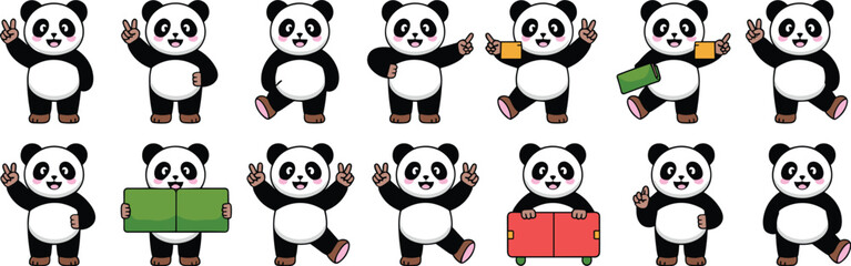 Adorable Panda Characters Collection Expressing Positive Emotions in Various Poses on White Background for Educational Children's Books, Marketing, and Website Design Featuring Cuteness, Happiness and