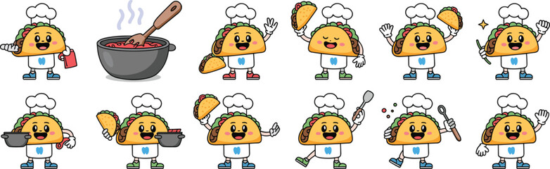 Chef Taco Cartoon Character Cooking Up Delicious Meals in a Restaurant Kitchen Setting, Promoting Mexican Cuisine for Food Industry Marketing, Advertising, Menu Design, and Recipe Illustrations with P