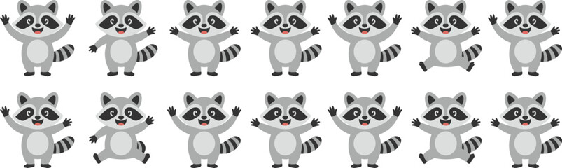 Cute Raccoon Characters Waving in a Row on White Background Illustration for Children's Designs, Educational Materials, and Animated Storytelling, Featuring Playful Cartoon Animals in Graphic Style fo