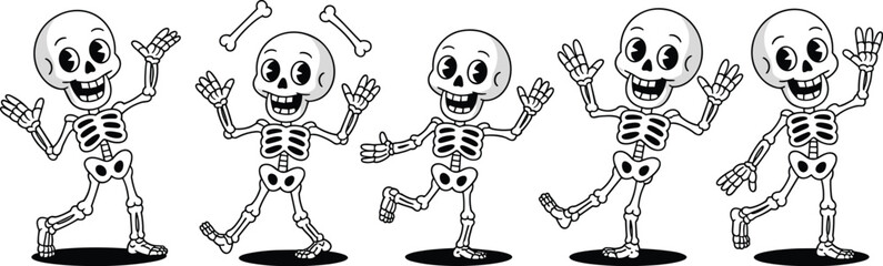 Animated Cartoon Skeleton Characters Dancing in a Halloween Celebration Scene: Retro Vintage Style Graphics for Creepy Fun, Spooky Season, Party Invitation, Costume Design, Themed Event, Educational P