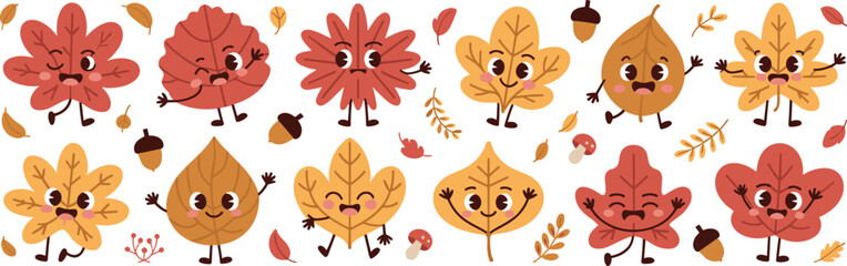 Playful Autumn Leaves Characters Dancing in Fall Forest Scene, Cute Cartoon Maple Leaf Illustrations for Educational Kids Books, Seasonal Greetings, Thanksgiving Design, Vibrant Colors, Smiling Faces,
