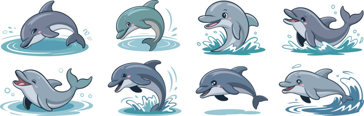 Cute Dolphin Characters Jumping and Swimming in the Ocean, Aquatic Mammals in Various Poses, Playful Sea Creatures for Children's Education and Entertainment, Marine Wildlife Vector Art for Marketing