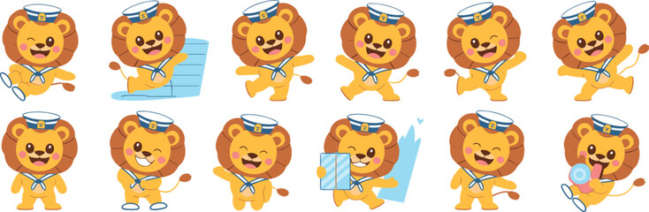 Cute Cartoon Lion Set Sailing with Sailor Hat Illustrations: Cheerful Character, Playful Animal, Fun Designs for Kids, Children's Illustration, Educational Resources, Animal Mascot, Vector Design, Hap