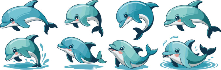 Cute Cartoon Dolphins Swimming and Playing in the Ocean Water: Adorable Marine Mammals for Children's Illustration, Aquatic Education, Wildlife Conservation Projects, Joyful Mascot Design, Animated Ch