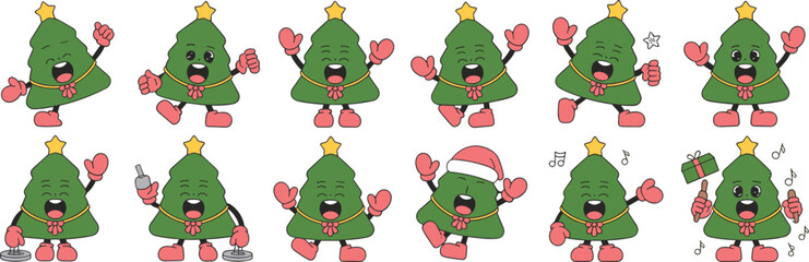 Playful Retro Christmas Tree Characters Celebrating Holiday Season: Festive Groovy Cartoon Set for Marketing, Advertising & Social Media Promotions - Vintage Style Green Trees with Gifts, Music, and C