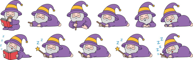 Cute Cartoon Wizard Nap Time Collection: Whimsical Sorcerer Sleeping in Various Poses, Enchanted Dreams, Magic Spells, Fairy Tale Illustration for Children's Storybooks, Fantasy Games, Education, Play