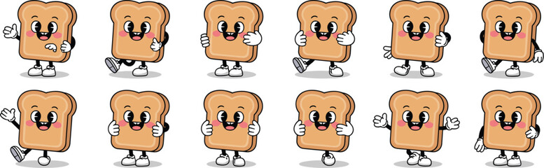 Cheerful Toast Cartoon Characters Set in Retro Animation Style: Happy Bread Slices Posing for Breakfast Food Marketing, Bakery Branding, Restaurant Menu Graphics, Mascot Design, Comic Style Fun, Nosta