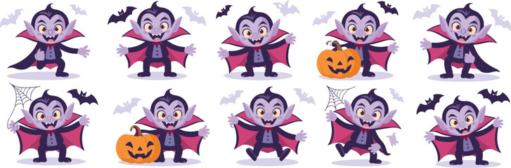 Cute Vampire Cartoon Character Collection Celebrating Halloween, Expressing Joyful Spooky Holiday Spirit in Various Poses with Pumpkins & Bats for Children's Party Invitations & Educational Material,