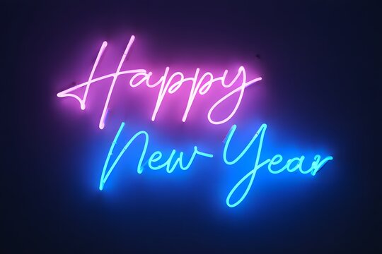 Happy new year neon sign with pink and blue light effect