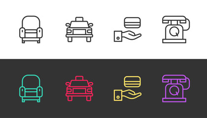 Set line Armchair, Taxi car, Digital door lock and Telephone handset on black and white. Vector
