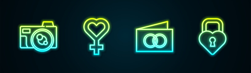 Set line Photo camera, Female gender symbol, Greeting card and Castle the shape of heart. Glowing neon icon. Vector