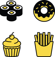 Four icons of popular fast food and sweet treats