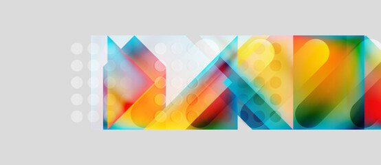 Abstract geometric shapes overlap, creating vibrant color blends. Light gray background provides contrast. Modern design elements present.