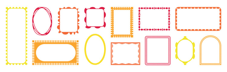 Colorful geometric decorative frames collection isolated on white background, set of retro vintage borders in rectangle square oval arch shape design template scrapbook poster invitation decoration