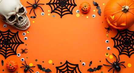 Festive halloween border frame with skull spiders pumpkins and cobwebs on orange background