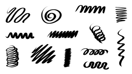 Set of Hand-drawn Brush Strokes, Scribbles, and Swirls Illustration, Black on White, Vector Style, Doodles Collection, Isolated on Transparent Background