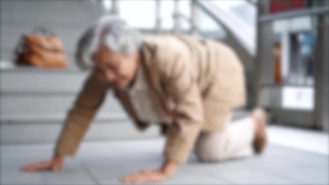 ぼかし背景素材: 駅の階段で転倒した高齢者がゆっくりと自力で起き上がろうとする  シニアライフのイメージ