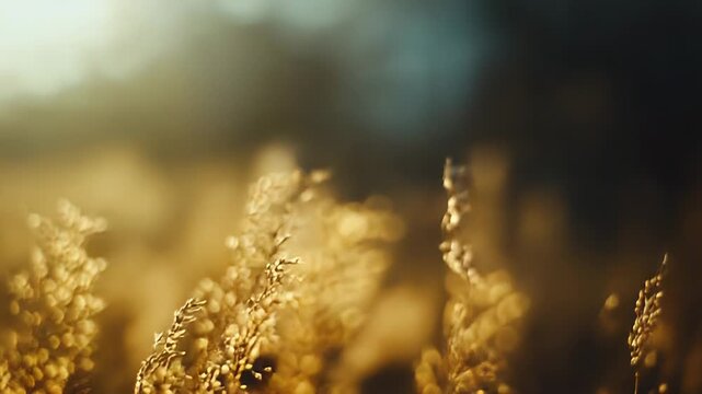 Golden field grass glistening during warm sunset