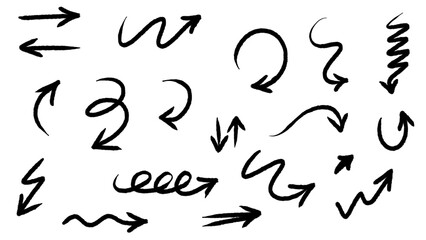 Transparent: Hand-Drawn Arrow Set: Doodle Sketch Arrows in Various Shapes and Directions for Infographics, Navigation, UI Design, Black Vector Elements on White Background.