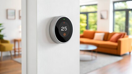 Smart thermostat showing temperature in modern office interior
