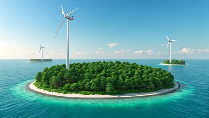 Green island with wind turbines in blue ocean
