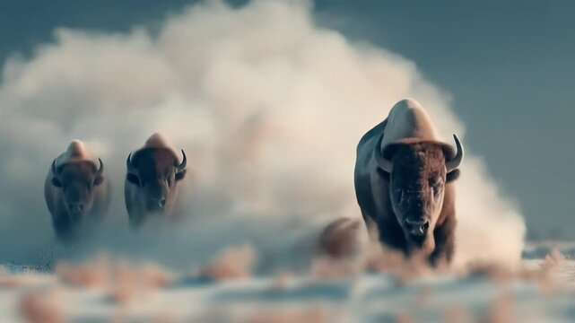 Bison herd running through a cloud of dust dynamic wildlife scene