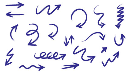 Collection of Hand-Drawn Blue Arrows Pointing in Various Directions on a White Background. Vector Set of Navigation Elements with Transparent Background