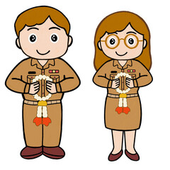 Cute cartoon illustration of Thai government officers, male and female, wearing brown uniform and holding flower garlands. For concept civil service and cultural tradition 