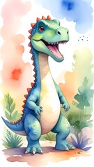 Watercolor illustration of a friendly, standing cartoon dinosaur
