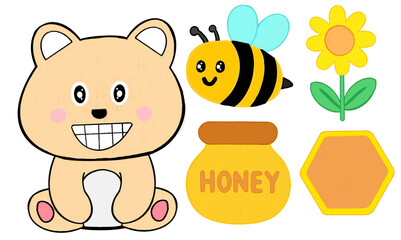 Adorable cartoon illustration of a smiling bear with honey jar, bee, flower, and honeycomb. Hand-drawn with colored pencils. Perfect for children’s designs, stickers, clipart, and nature