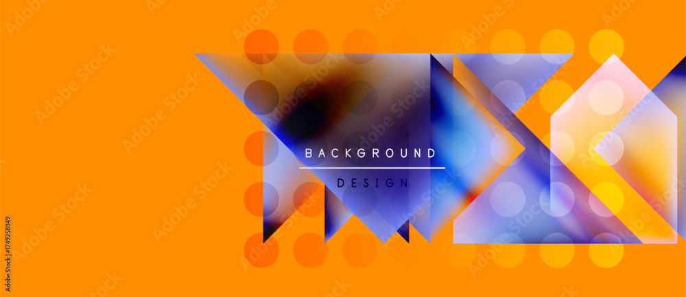 Poster abstract geometric composition. orange backdrop features blue shapes, circles, squares. modern desig