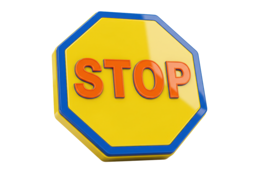 Isolated yellow stop sign with blue border, traffic control, safety precaution warning