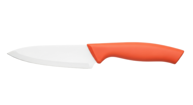 Isolated modern ceramic paring knife with orange plastic handle for professional cutting