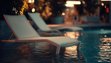 Two white lounge chairs are positioned at the edge of a pool at night with blurred lights