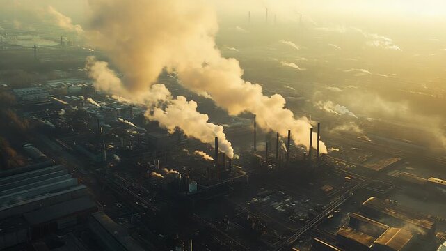 Industrial complex emitting smoke polluting environment during sunset