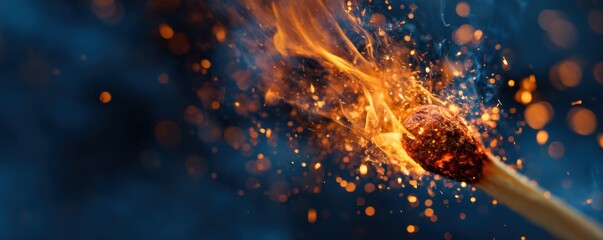 A burning match head creates flames and sparks against a dark blue smoky backdrop
