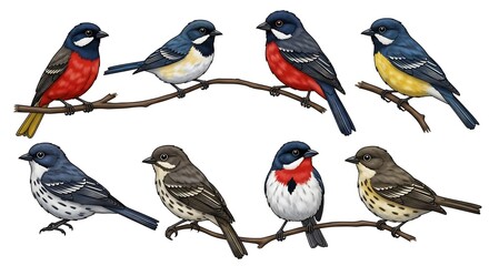 Diverse Bird Species Perched on Branches - A Colorful Avian Collection.