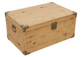 Isolated wooden chest with brass fittings, storage container with lid, old-fashioned treasure trunk