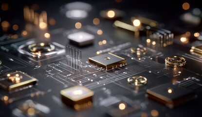 Close-up view of a computer chip, intricately detailed with small components, golden light bokeh