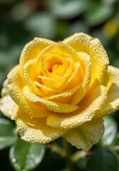 Radiant Yellow Rose Adorned with Dew Drops in Natural Light.
