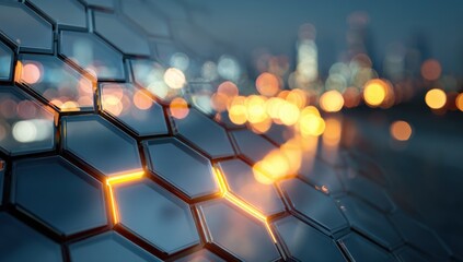 Futuristic, abstract background with hexagonal pattern and bokeh lights of a city at night