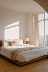 Minimalist Luxury Bedroom Interior with Platform Bed, Walnut Headboard, and Soft Morning Light for Bedding Brands

