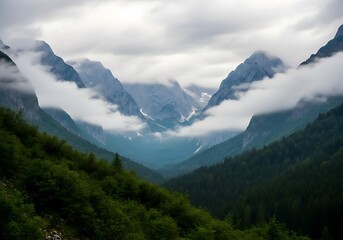 Misty Mountain Majesty - A Scenic Landscape of Glacial Peaks.