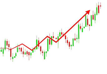 Upward trending stock market candlestick chart isolated on transparent background