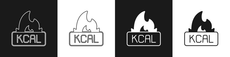 Set Kcal icon isolated on isolated on black and white background. Health food. Vector