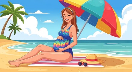 Pregnant Woman Enjoying Beach Vacation with Colorful Umbrella and Tropical Scenery.