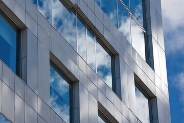 Obraz premium Modern skyscraper facade with rectangular windows reflecting the blue sky and fluffy white clouds