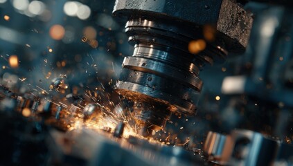 Close-up of a machine in action, sparks flying, showcasing industrial processes
