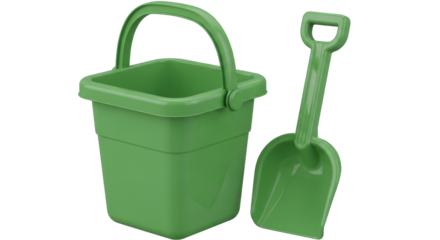 Isolated green plastic beach bucket and shovel, summer vacation toys for kids in sandbox
